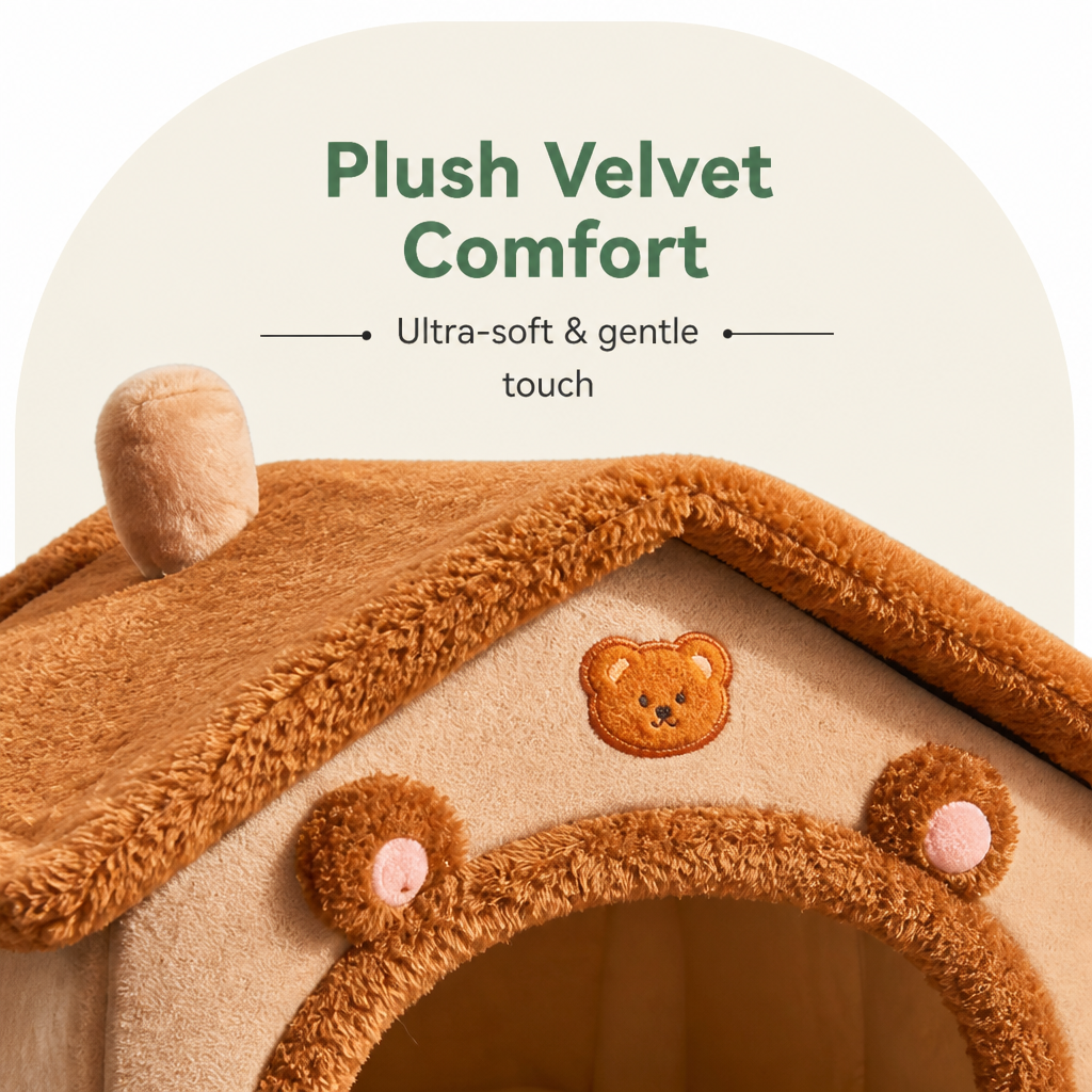 DogBedHouse Foldable Plush Velvet & Flannelette Pet House (Removable Washable Cushion)