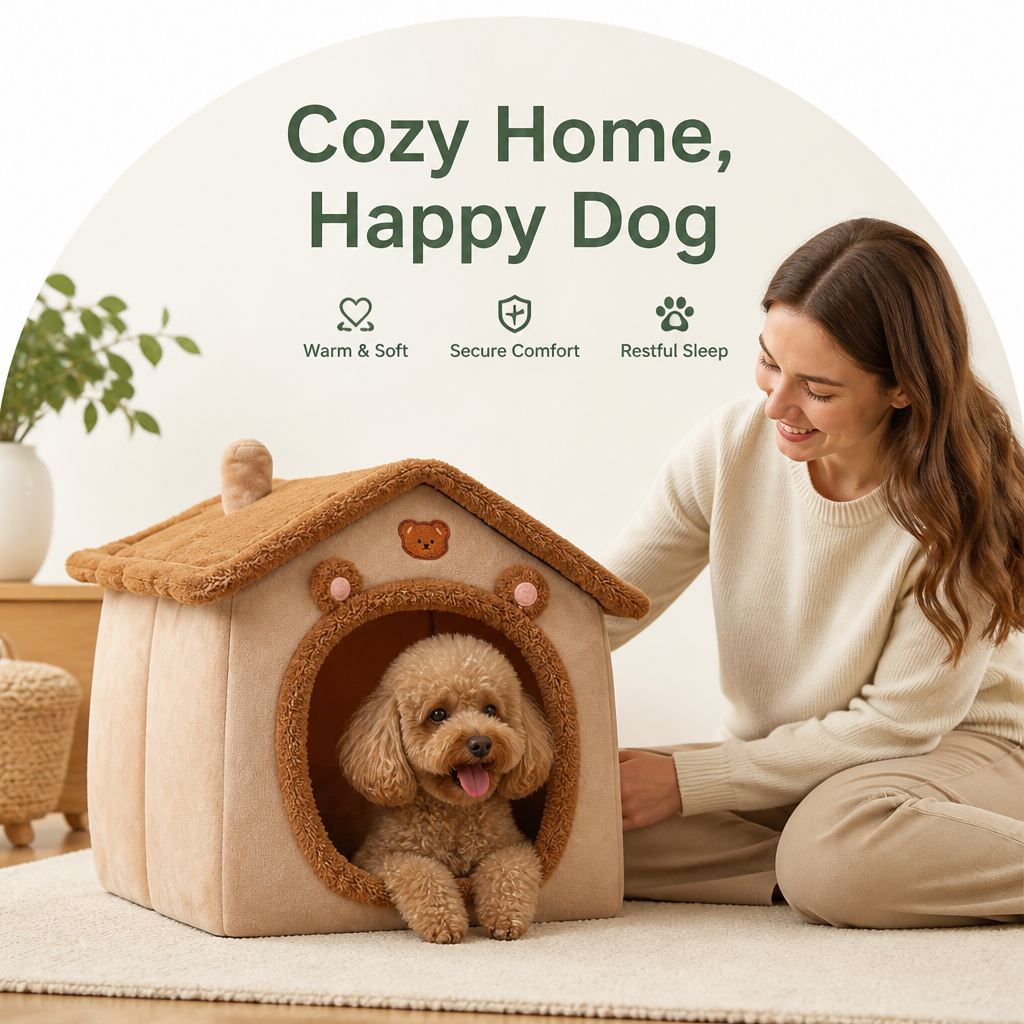 DogBedHouse Foldable Plush Velvet & Flannelette Pet House (Removable Washable Cushion)