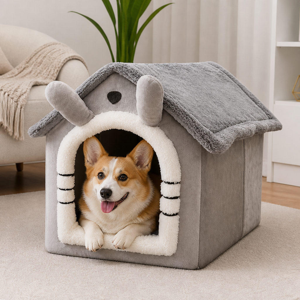 DogBedHouse Foldable Plush Velvet & Flannelette Pet House (Removable Washable Cushion)