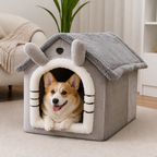 DogBedHouse Foldable Plush Velvet & Flannelette Pet House (Removable Washable Cushion)
