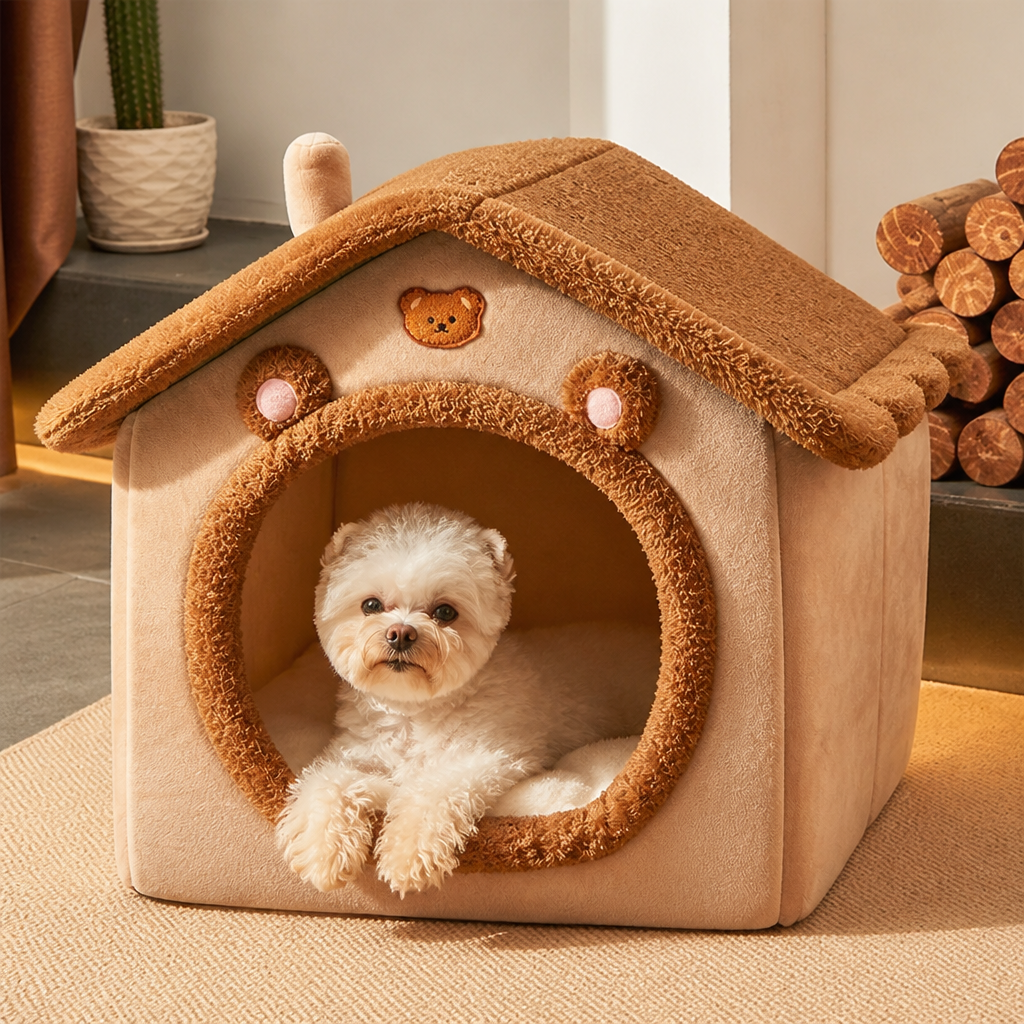 DogBedHouse Foldable Plush Velvet & Washable Pet House (Removable Cushion)