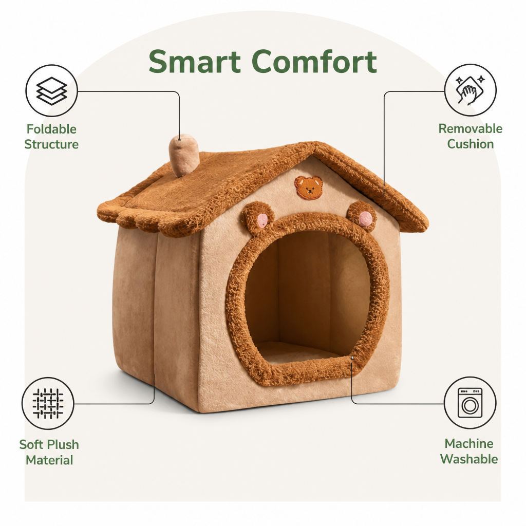 DogBedHouse Foldable Plush Velvet & Washable Pet House (Removable Cushion)