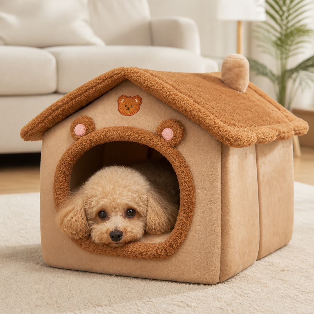 DogBedHouse Foldable Plush Velvet & Washable Pet House (Removable Cushion)