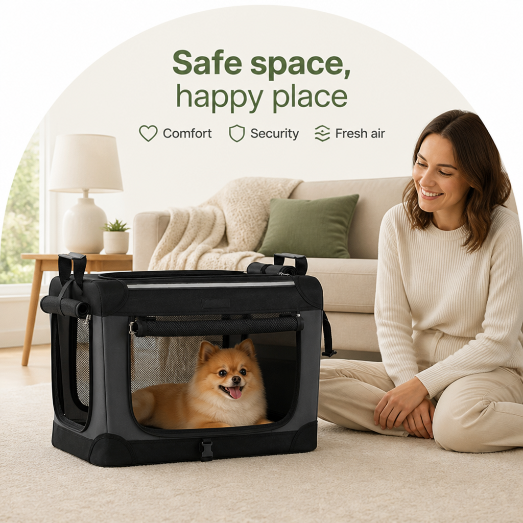 DogBedHouse Foldable & Portable Steel Frame Dog Crate (Removable Sherpa Cushion)