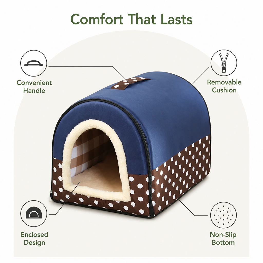 DogBedHouse Foldable & Washable Enclosed Plush Dog Bed (Removable Cushion)