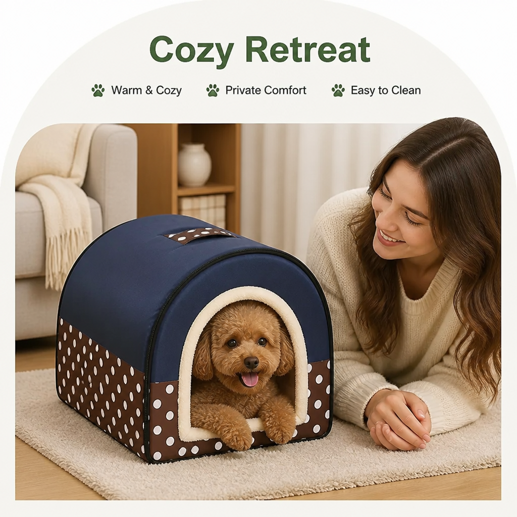 DogBedHouse Foldable & Washable Enclosed Plush Dog Bed (Removable Cushion)