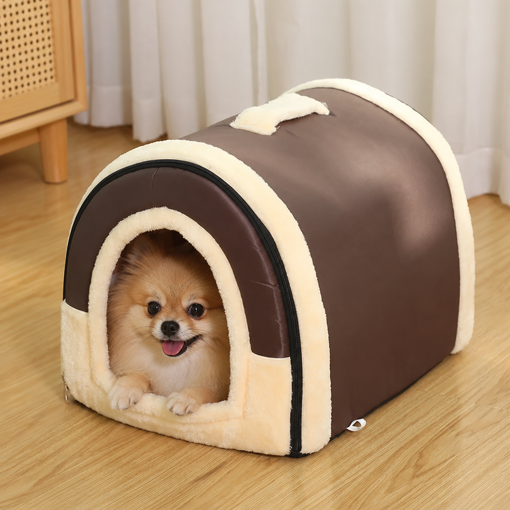 DogBedHouse Foldable & Washable Enclosed Plush Dog Bed (Removable Cushion)