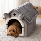 DogBedHouse Heated Plush Velvet & Flannel Pet House (Removable Cushion)