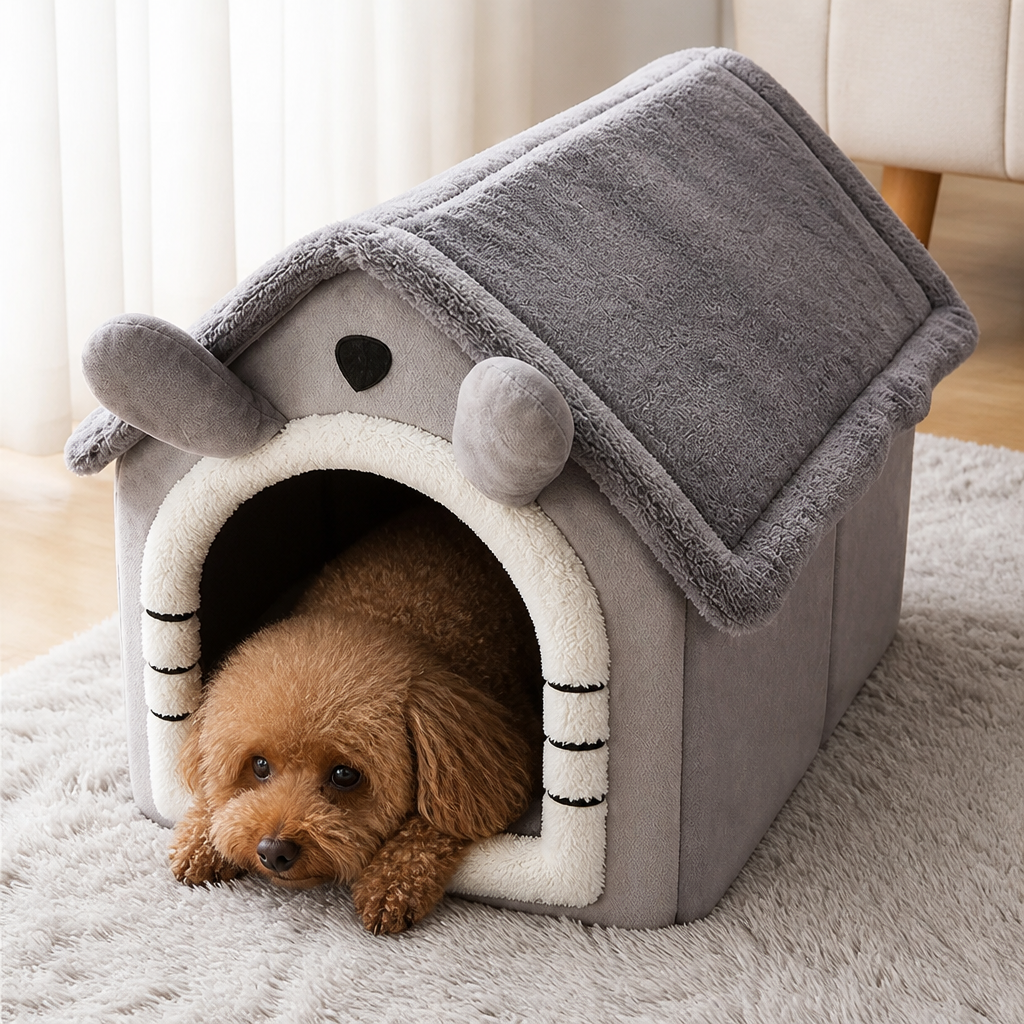 DogBedHouse Heated Plush Velvet & Flannel Pet House (Removable Cushion)