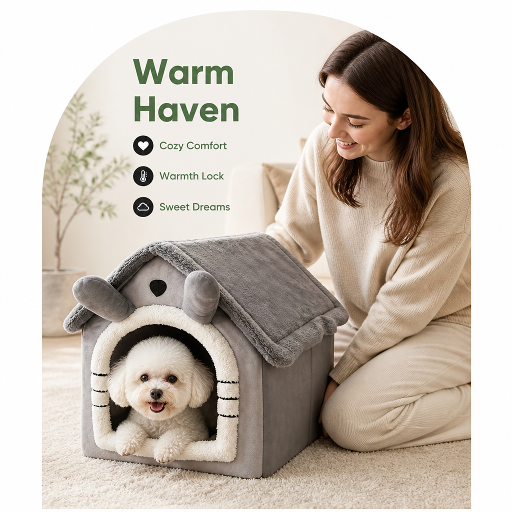 DogBedHouse Heated Plush Velvet & Flannel Pet House (Removable Cushion)