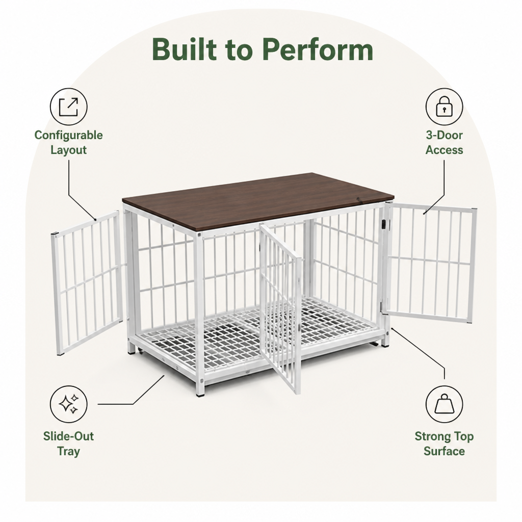 DogBedHouse Heavy-Duty 3-Door Furniture Dog Crate (Removable Sliding Tray)