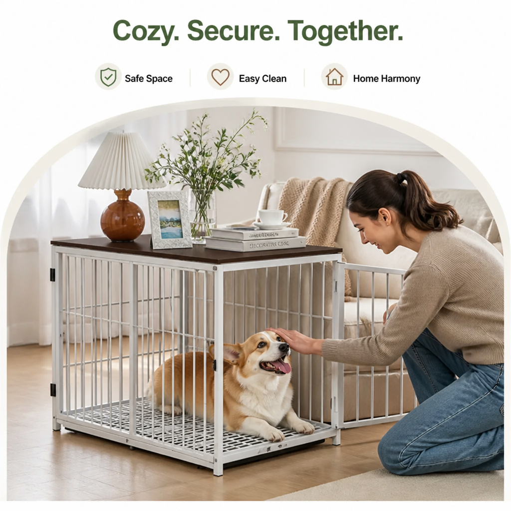 DogBedHouse Heavy-Duty 3-Door Furniture Dog Crate (Removable Sliding Tray)