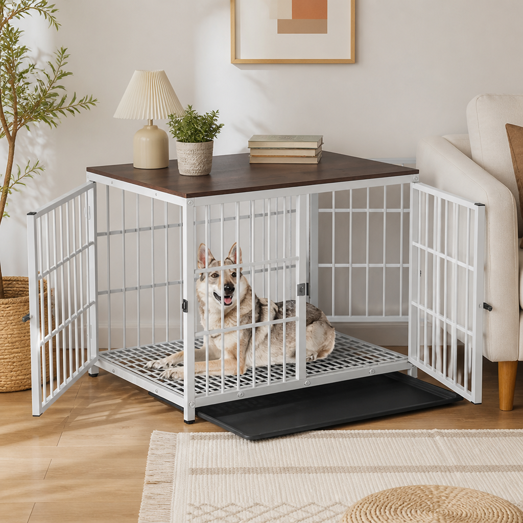 DogBedHouse Heavy-Duty 3-Door Furniture Dog Crate (Removable Sliding Tray)