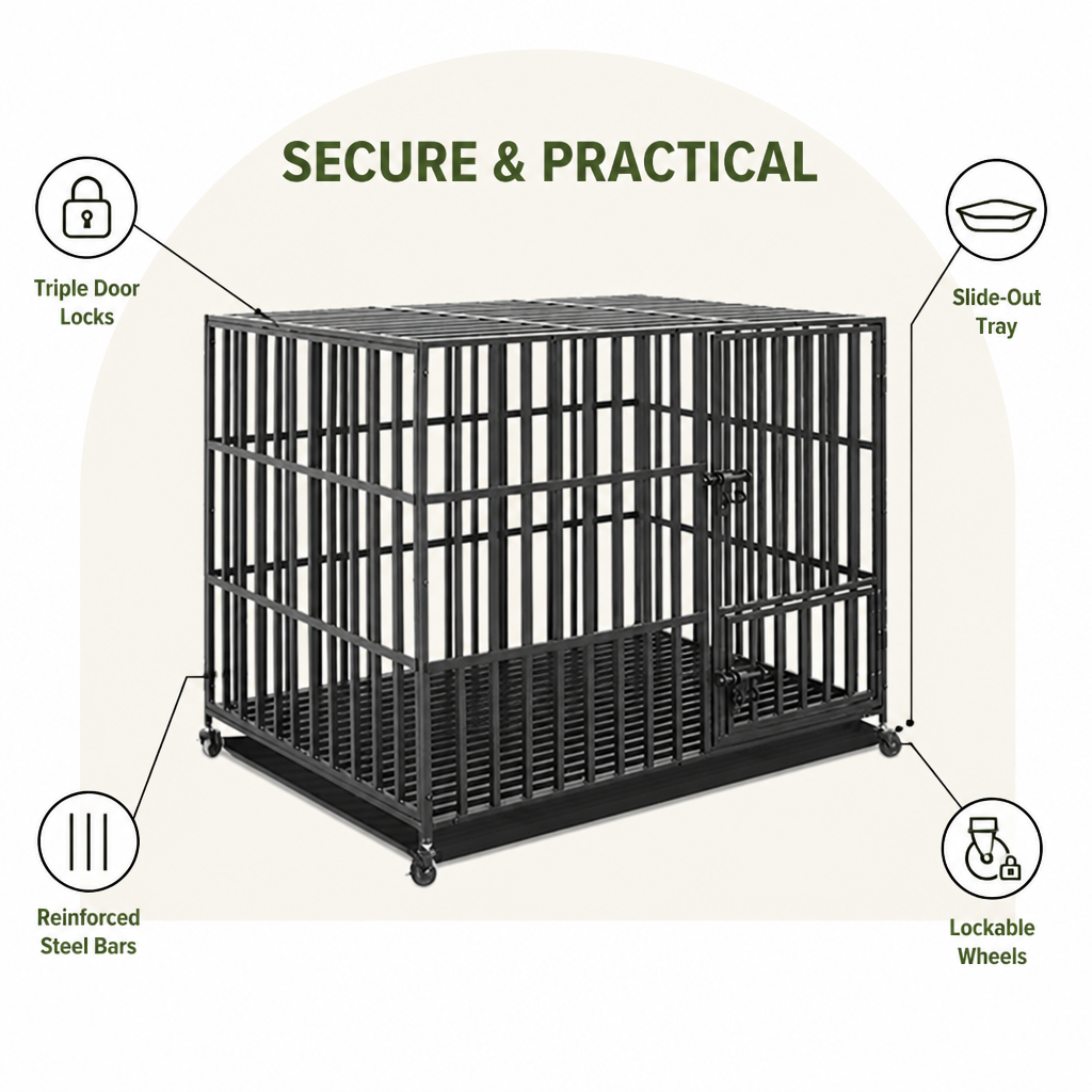 DogBedHouse Heavy-Duty Metal 3-Door Dog Crate (Lockable Wheels)