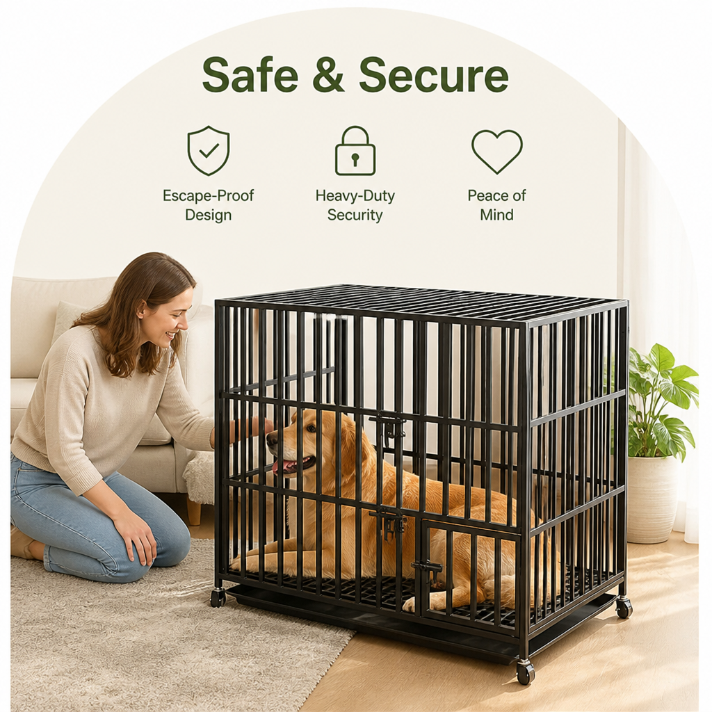 DogBedHouse Heavy-Duty Metal 3-Door Dog Crate (Lockable Wheels)