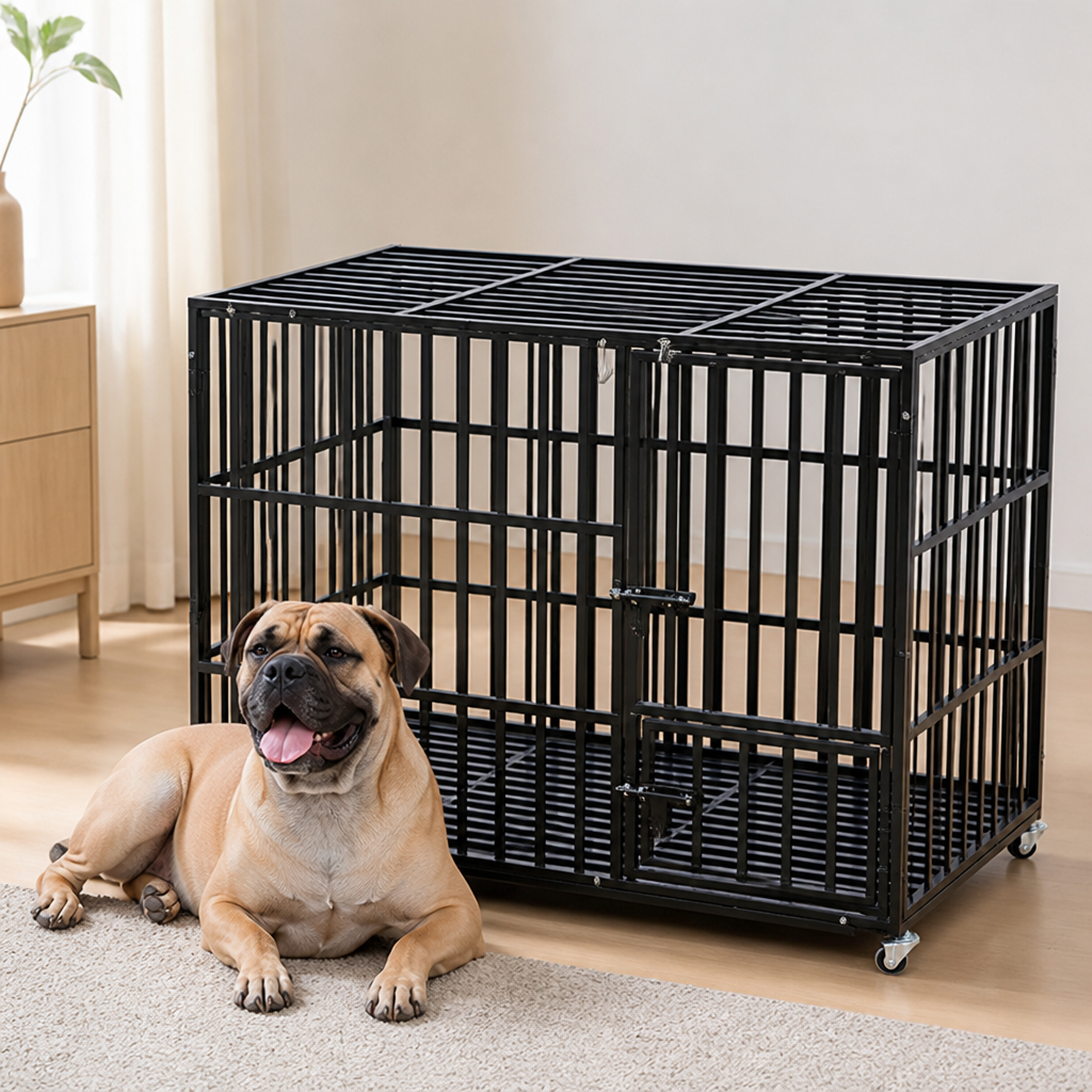 DogBedHouse Heavy-Duty Metal 3-Door Dog Crate (Lockable Wheels)