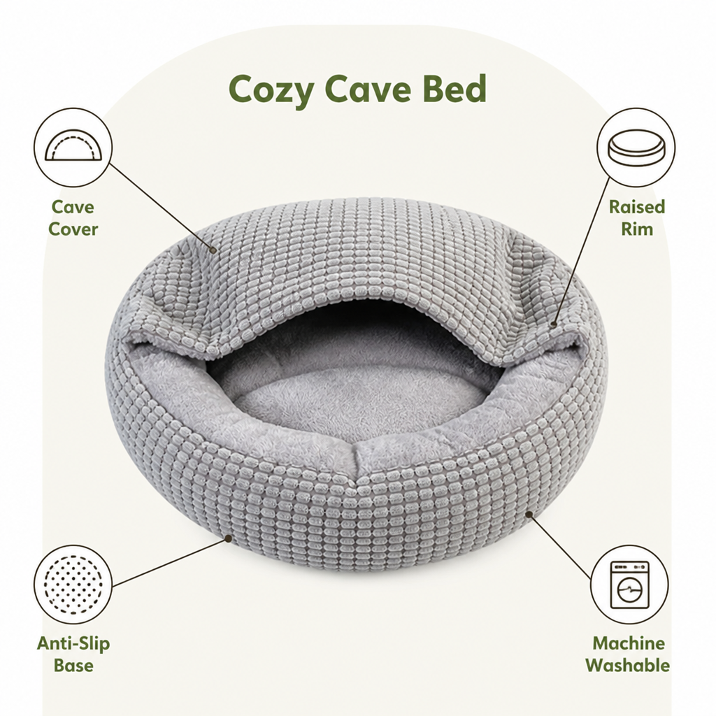 DogBedHouse Hooded Plush & Non-Slip Cave Bed (Machine Washable)