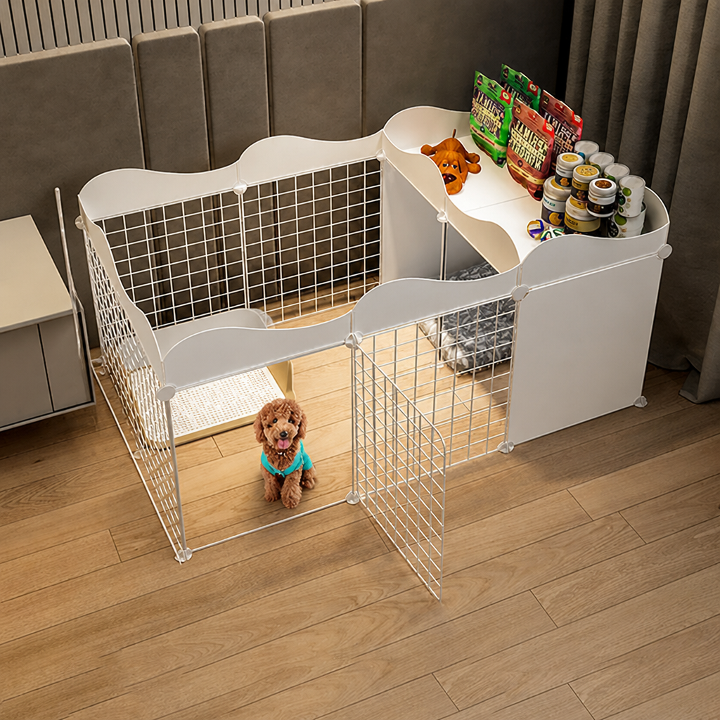 DogBedHouse Integrated Toilet & Modular Dog Playpen (Removable Toilet Tray)