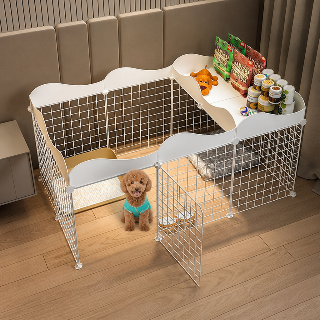 DogBedHouse Integrated Toilet & Modular Dog Playpen (Removable Toilet Tray)
