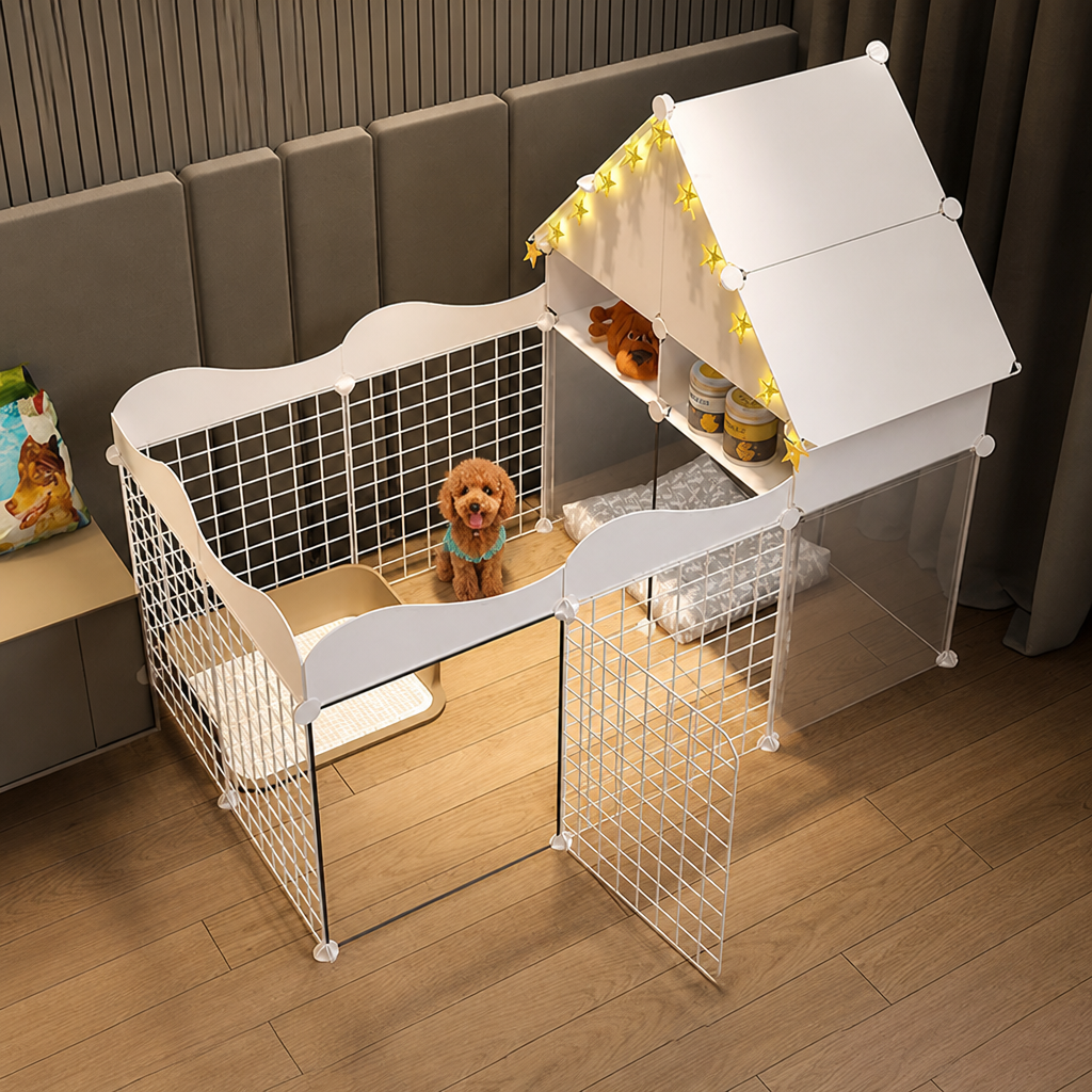 DogBedHouse Integrated Toilet & Modular Dog Playpen (Removable Toilet Tray)
