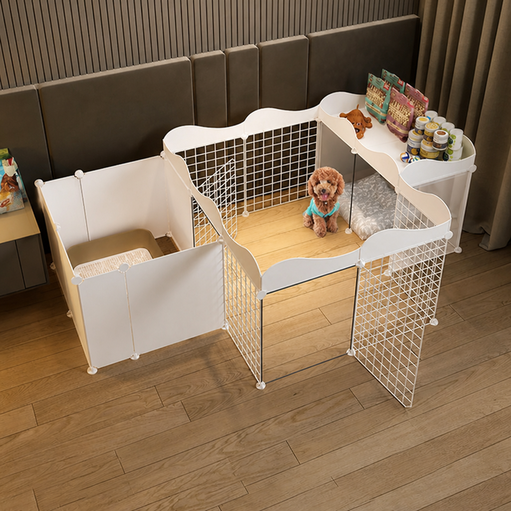 DogBedHouse Integrated Toilet & Modular Dog Playpen (Removable Toilet Tray)