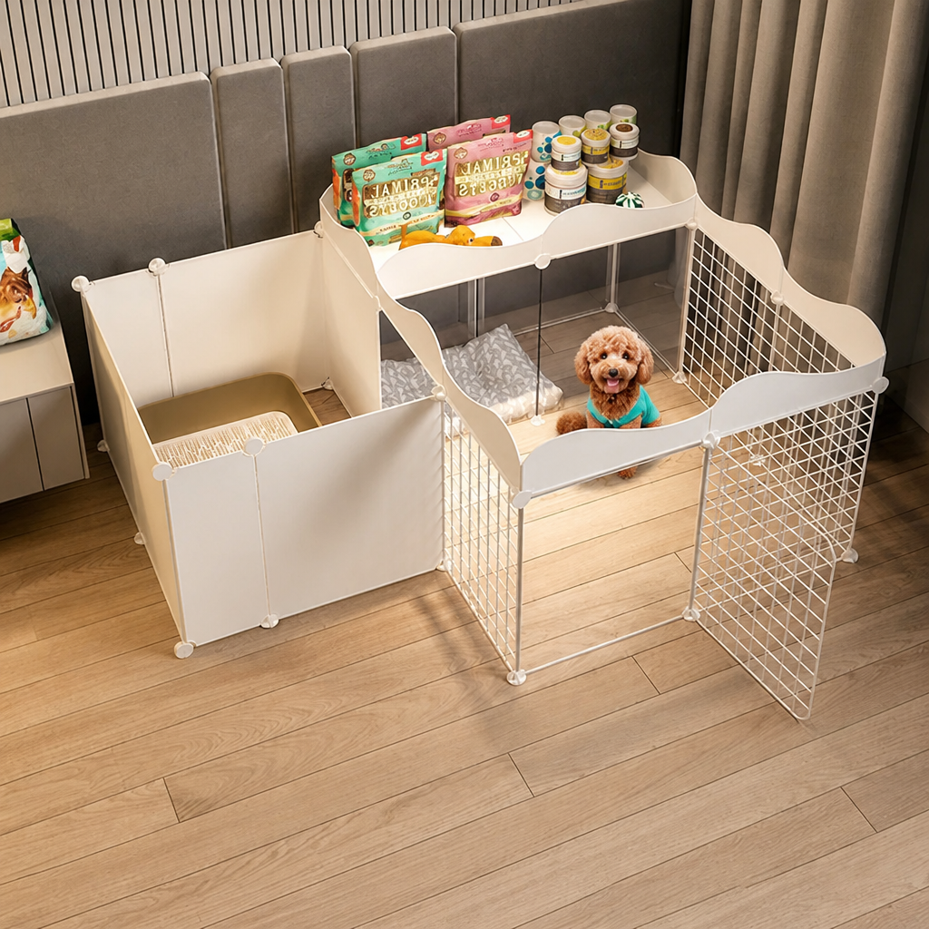 DogBedHouse Integrated Toilet & Modular Dog Playpen (Removable Toilet Tray)