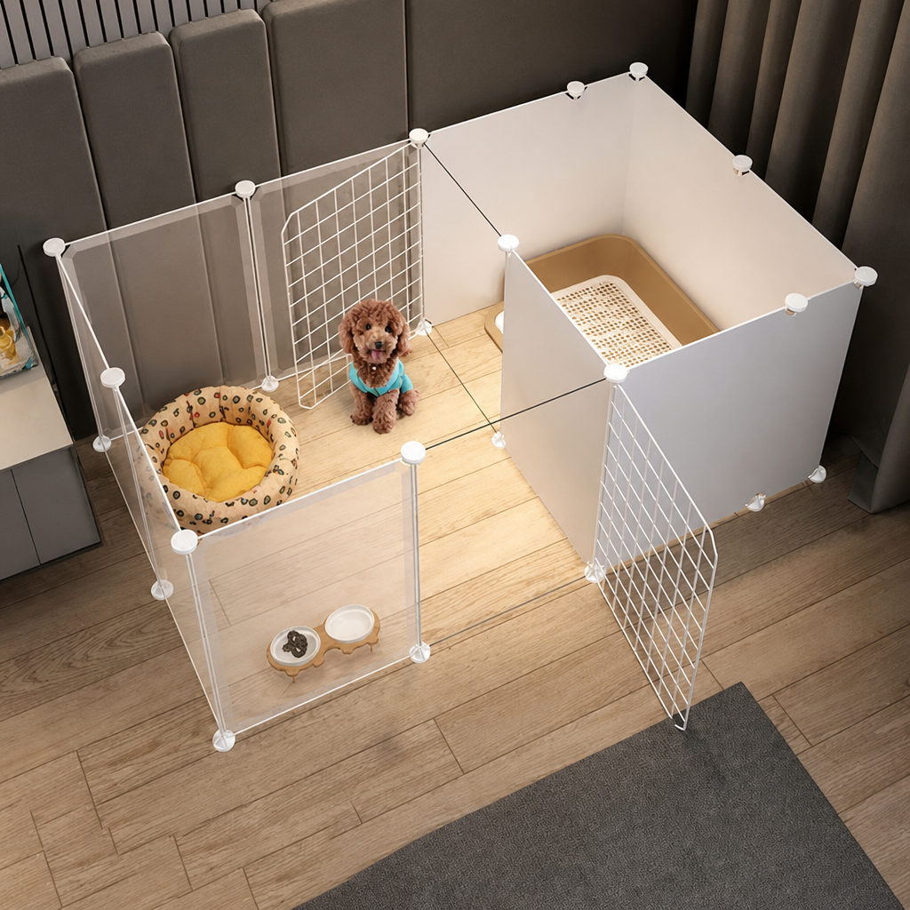 DogBedHouse Integrated Toilet & Modular Dog Playpen (Removable Toilet Tray)