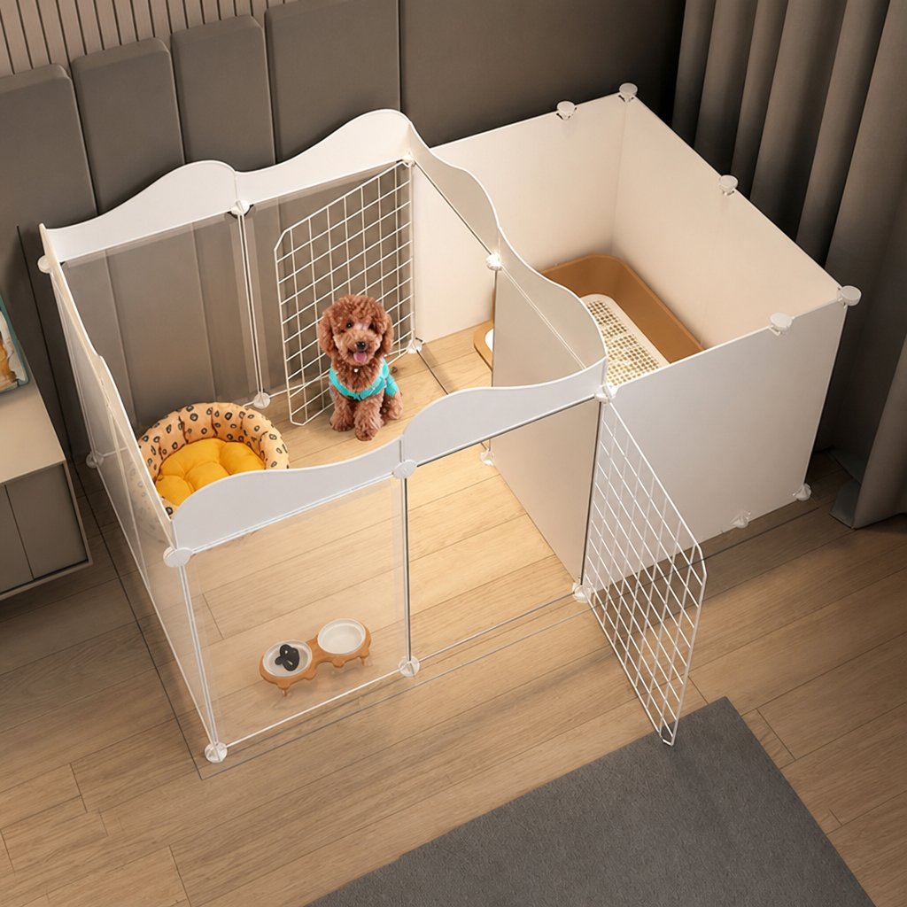 DogBedHouse Integrated Toilet & Modular Dog Playpen (Removable Toilet Tray)