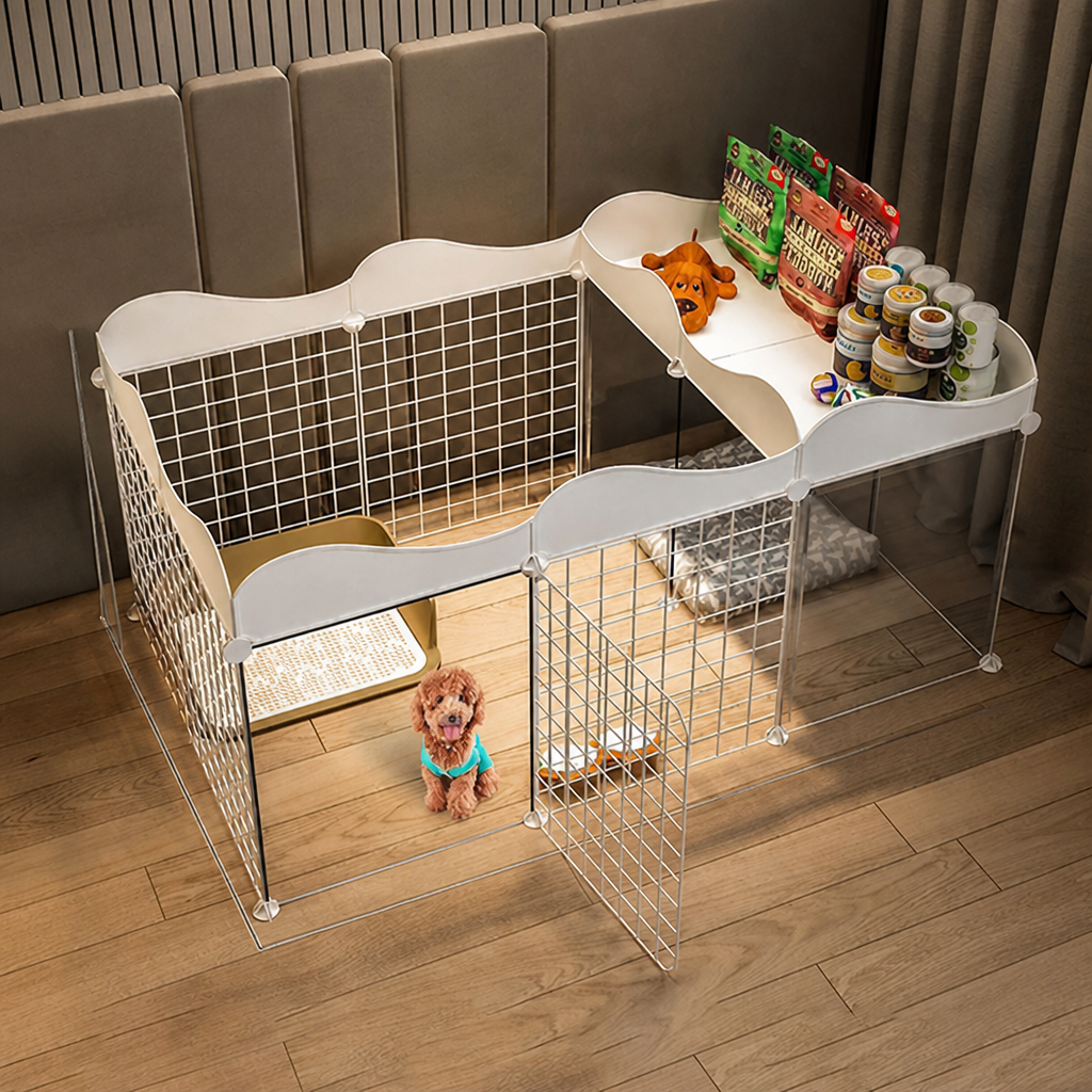 DogBedHouse Integrated Toilet & Modular Dog Playpen (Removable Toilet Tray)