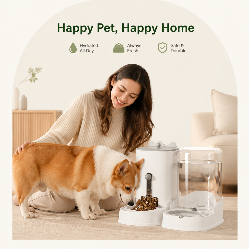 DogBedHouse Large Capacity Gravity-Fed Ceramic Pet Feeder & Water Dispenser