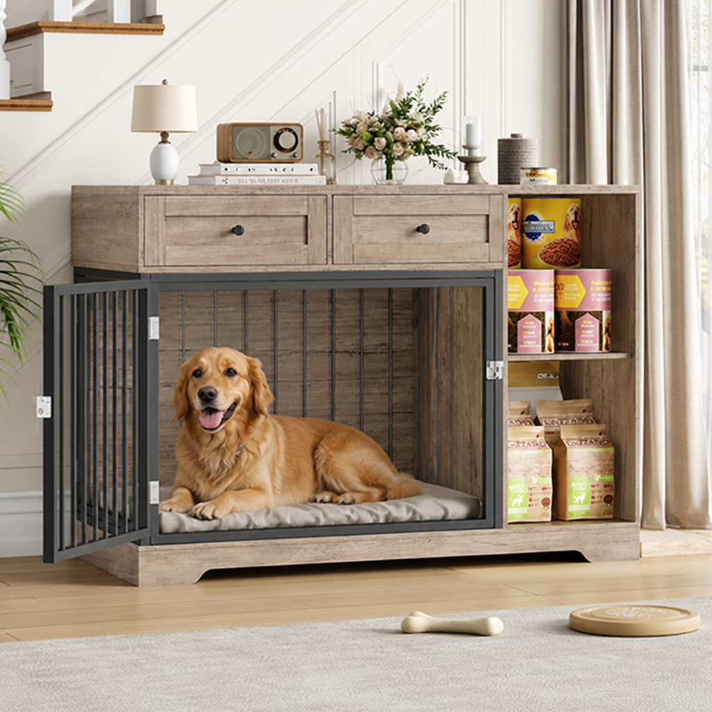 DogBedHouse Large Waterproof Wood & Chew-Resistant Metal Dog Crate (With Drawers)
