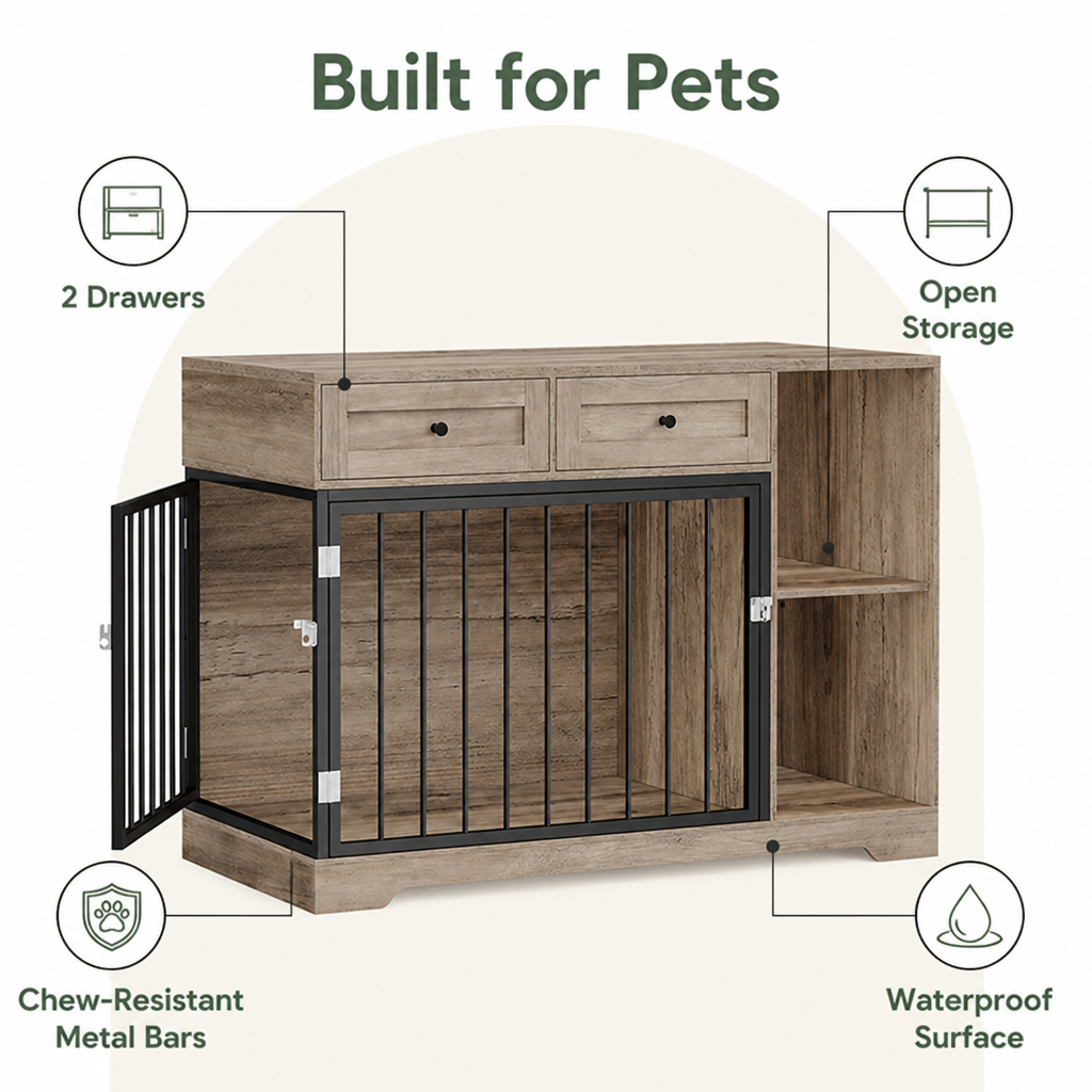 DogBedHouse Large Waterproof Wood & Chew-Resistant Metal Dog Crate (With Drawers)