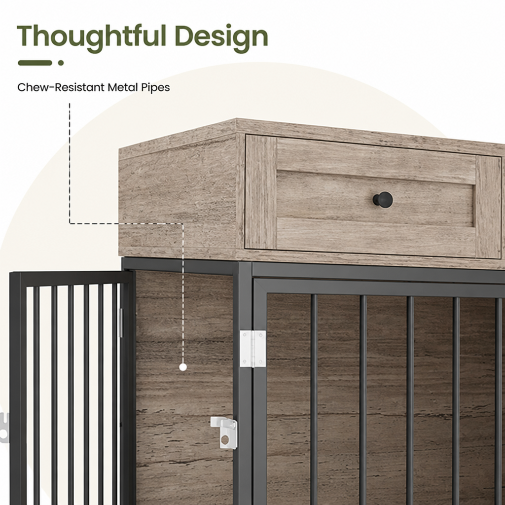 DogBedHouse Large Waterproof Wood & Chew-Resistant Metal Dog Crate (With Drawers)