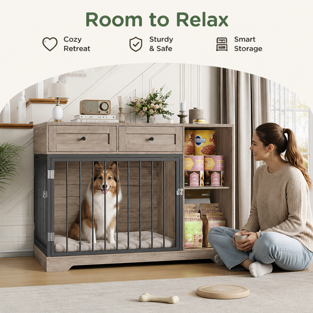 DogBedHouse Large Waterproof Wood & Chew-Resistant Metal Dog Crate (With Drawers)