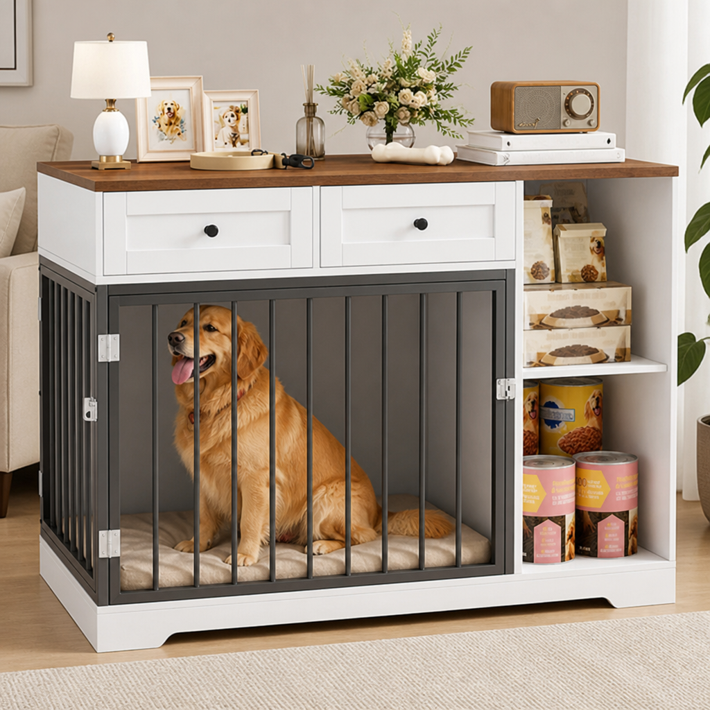 DogBedHouse Large Waterproof Wood & Chew-Resistant Metal Dog Crate (With Drawers)