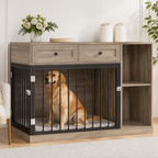 DogBedHouse Large Waterproof Wood & Chew-Resistant Metal Dog Crate (With Drawers)