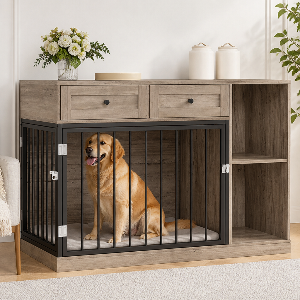DogBedHouse Large Waterproof Wood & Chew-Resistant Metal Dog Crate (With Drawers)