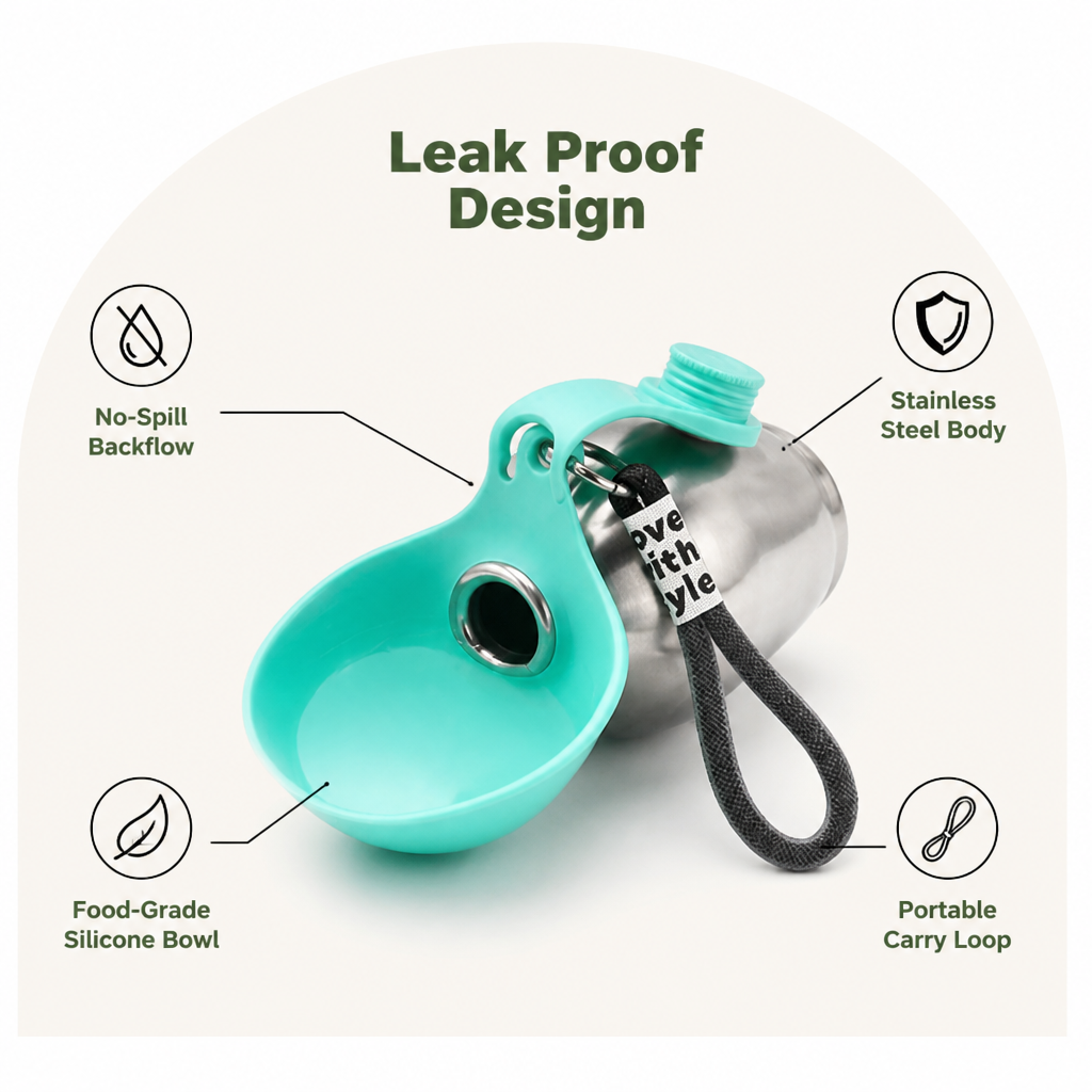 DogBedHouse Leak-Proof Stainless Steel & Silicone Travel Water Bottle