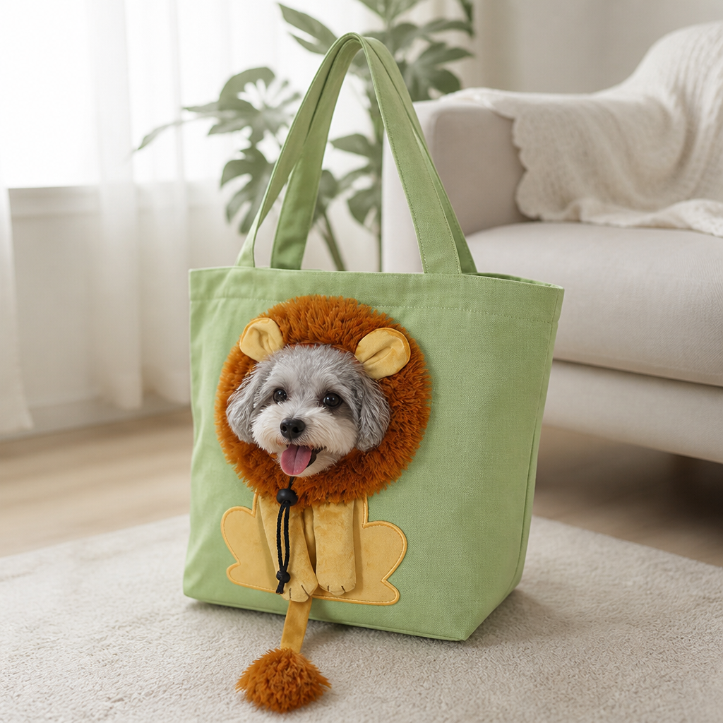 DogBedHouse Lion-Shaped Cotton Canvas Shoulder Carrier (Adjustable Zip)