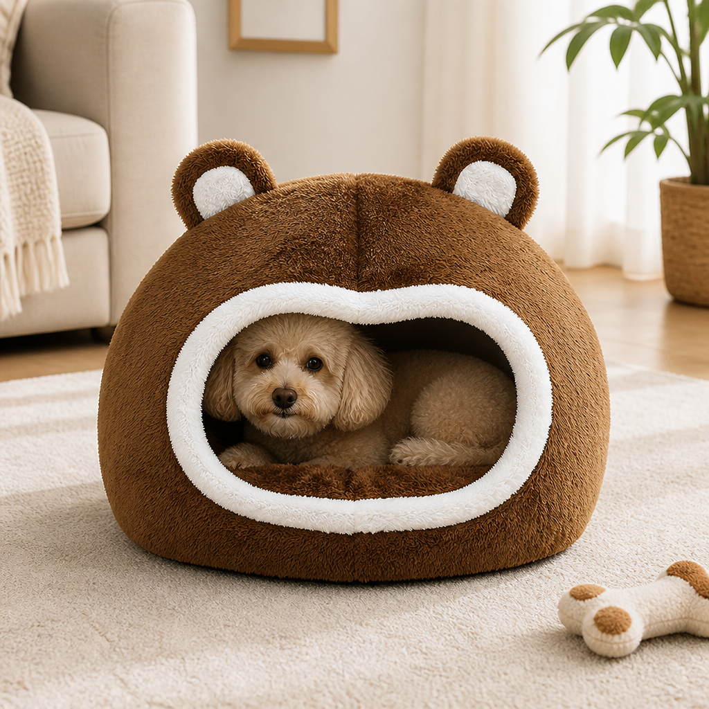 DogBedHouse Long Plush Hooded Pet Cave Bed