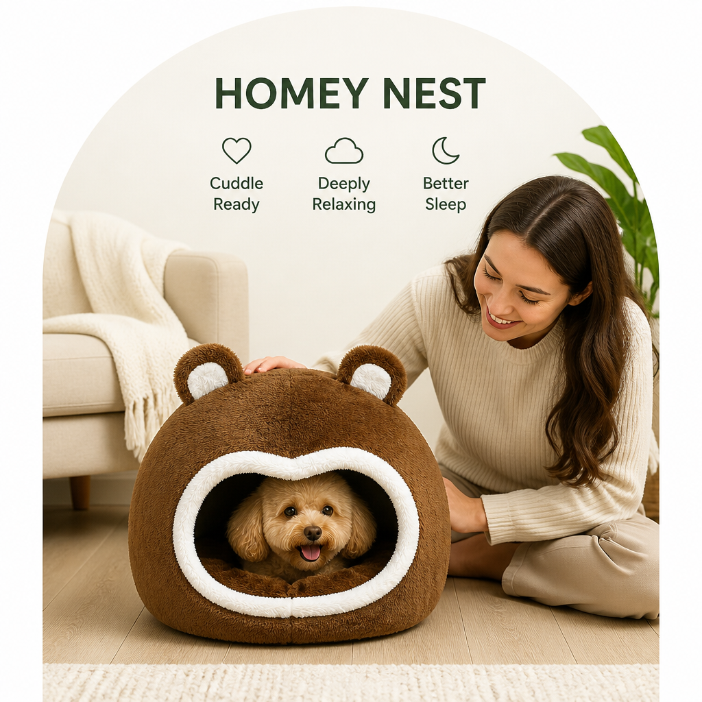 DogBedHouse Long Plush Hooded Pet Cave Bed