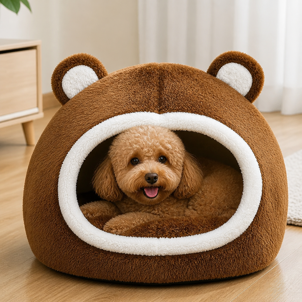 DogBedHouse Long Plush Hooded Pet Cave Bed