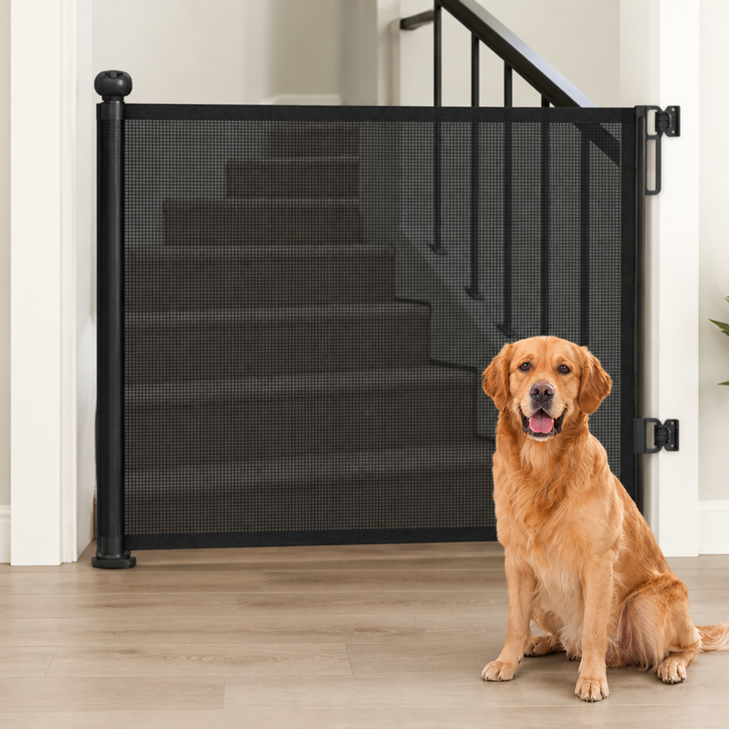 DogBedHouse No-Drill Adjustable Retractable Mesh Pet Gate