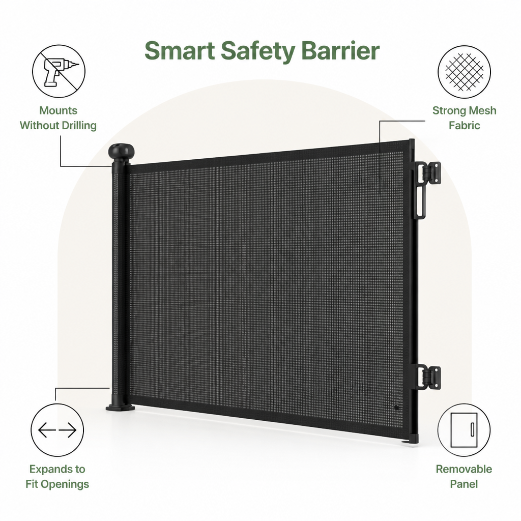 DogBedHouse No-Drill Adjustable Retractable Mesh Pet Gate
