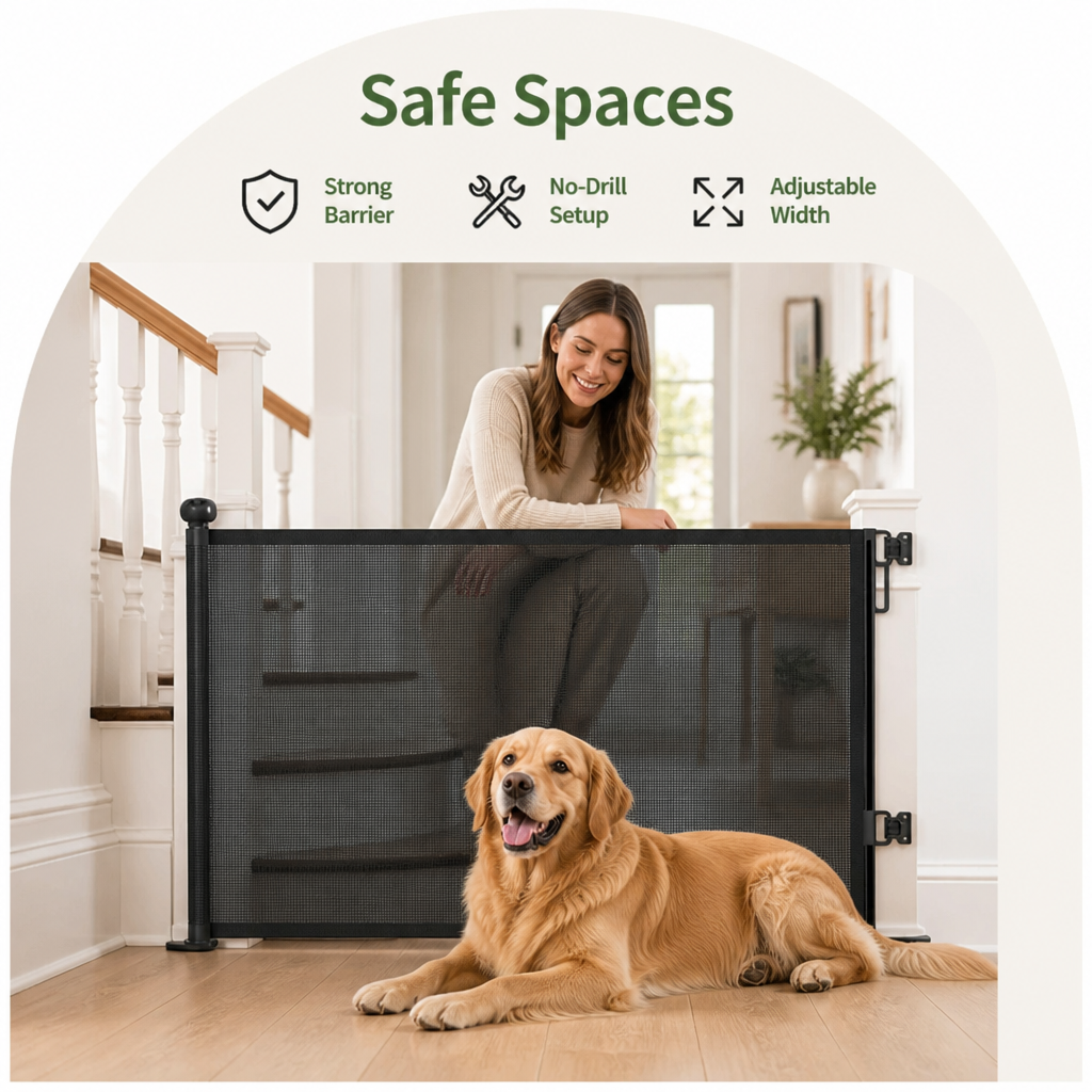 DogBedHouse No-Drill Adjustable Retractable Mesh Pet Gate