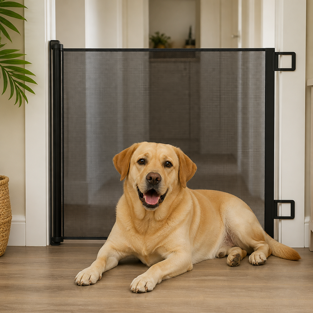 DogBedHouse No-Drill Adjustable Retractable Mesh Pet Gate