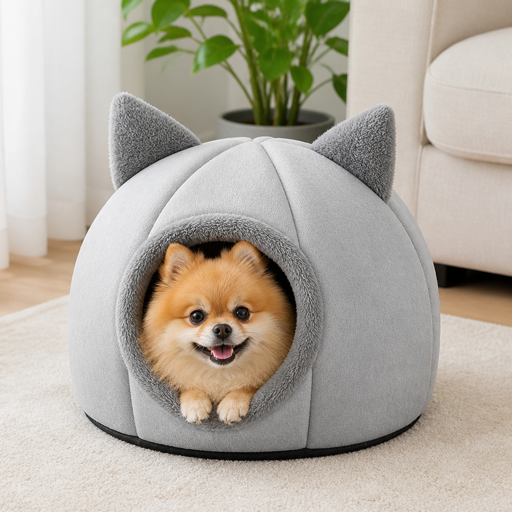 DogBedHouse Non-Slip Plush Cat Cave Bed (Removable Cushion)
