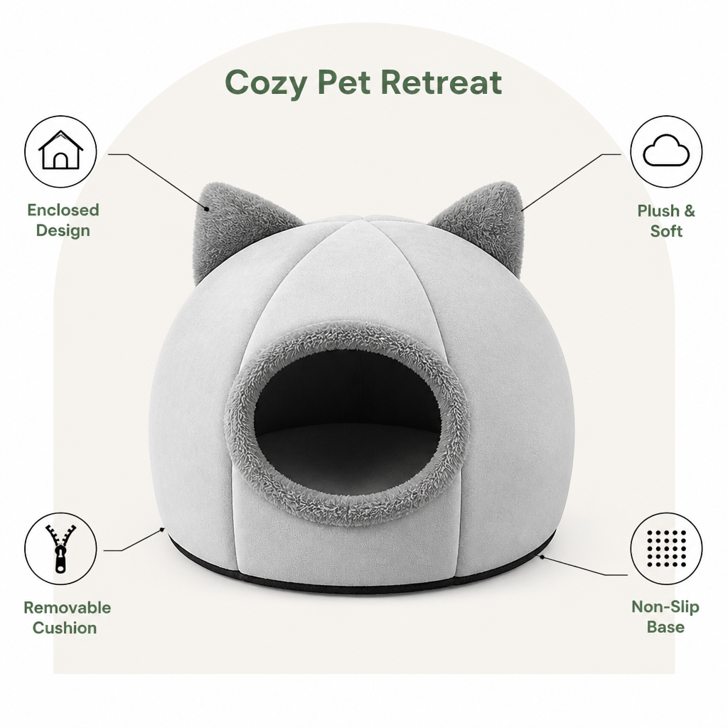 DogBedHouse Non-Slip Plush Cat Cave Bed (Removable Cushion)