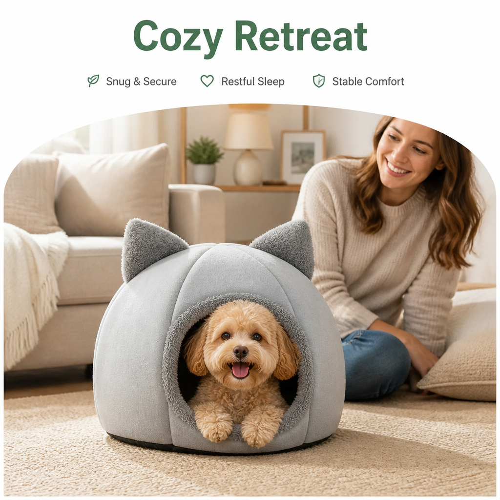DogBedHouse Non-Slip Plush Cat Cave Bed (Removable Cushion)