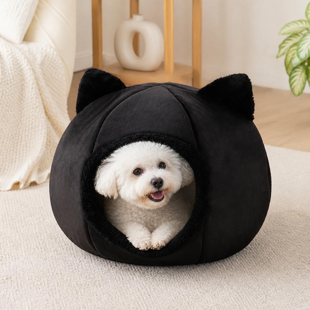 DogBedHouse Non-Slip Plush Cat Cave Bed (Removable Cushion)